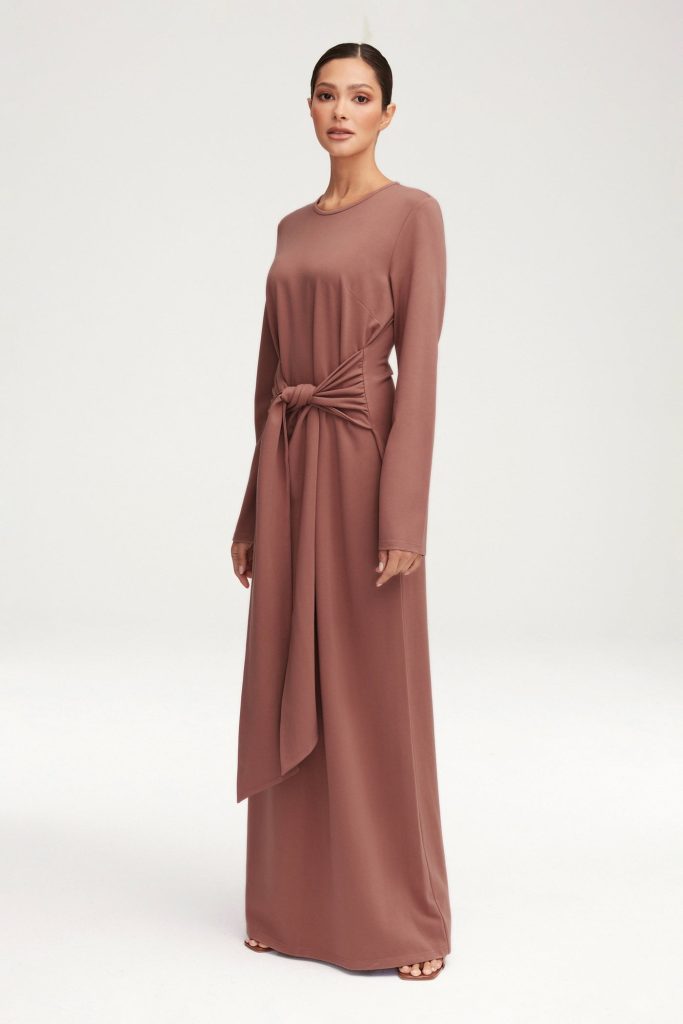 Themodestdiary jersey tie front maxi dress blush nude