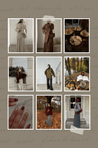 Aesthetic moodboard of modest fall outfits for hijabi women, including neutral cardigans, trench coats, cozy knits, coffee, autumn trees, and stylish hijab looks in beige, brown, olive, and burgundy tones.