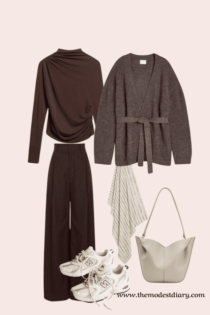 Modest fall outfit featuring a brown ruched top, knit cardigan, wide-leg trousers, striped hijab, New Balance sneakers, and a cream shoulder bag