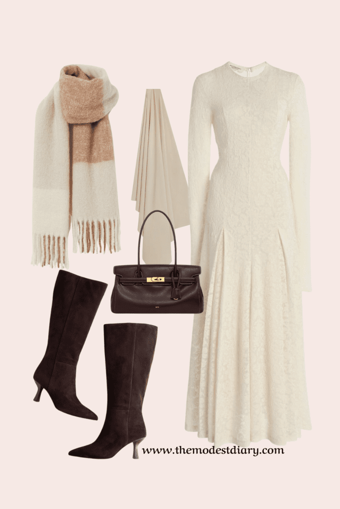 A flatlay of fall footwear, hijabs, crossbody bags, and cozy loafers for a modest fall wardrobe