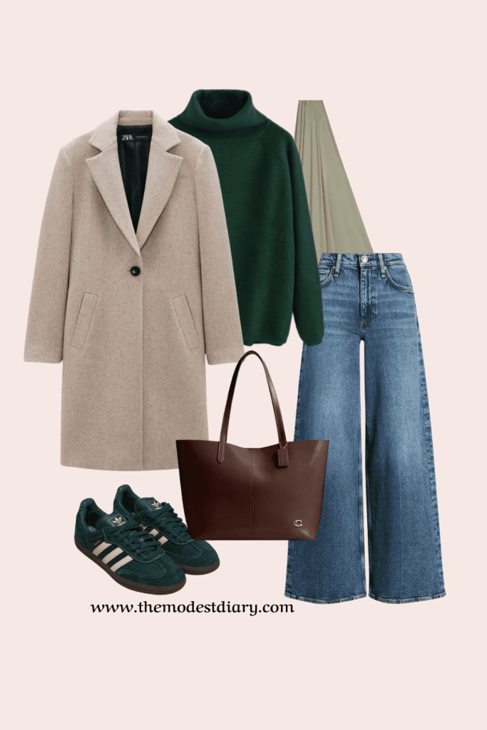 Modest fall outfit featuring a camel wool coat, green turtleneck sweater, wide-leg denim jeans, olive hijab, green Adidas sneakers, and brown tote bag
