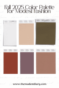 Fall 2025 modest fashion color palette featuring six warm and hijab-friendly tones: Coconut Milk (cream), Toasted Almond (camel), Martini Olive (olive green), Potter’s Clay (rust), Rose Taupe (dusty mauve), and Mocha Mousse (soft mocha brown). Ideal for modest layering and hijabi fall outfit inspiration.