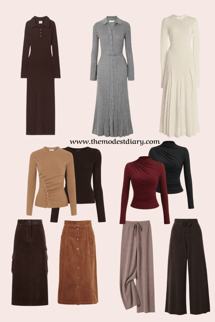 A capsule wardrobe selection of knit dresses, long-sleeve tops, corduroy skirts, and wide-leg trousers in fall tones