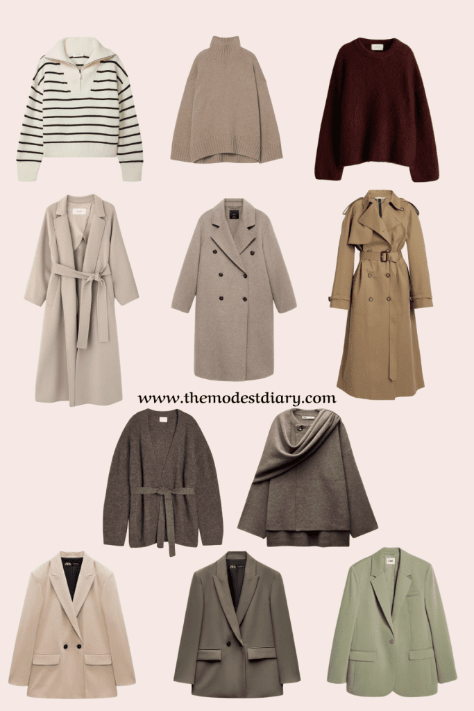 A collection of modest coats, trench coats, and blazers in neutral tones for a fall capsule wardrobe