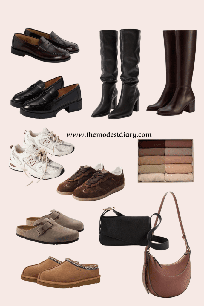 A flatlay of fall footwear, hijabs, crossbody bags, and cozy loafers for a modest fall wardrobe