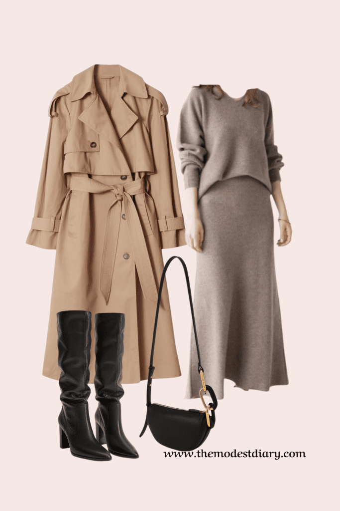 Neutral-toned modest outfit with a beige trench coat, taupe sweater and skirt set, tall black boots, and a structured black shoulder bag