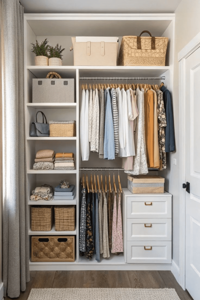 A clean and organized minimalist closet with modest fashion essentials, folded clothing, baskets, and dresses hung by color in a white wardrobe unit