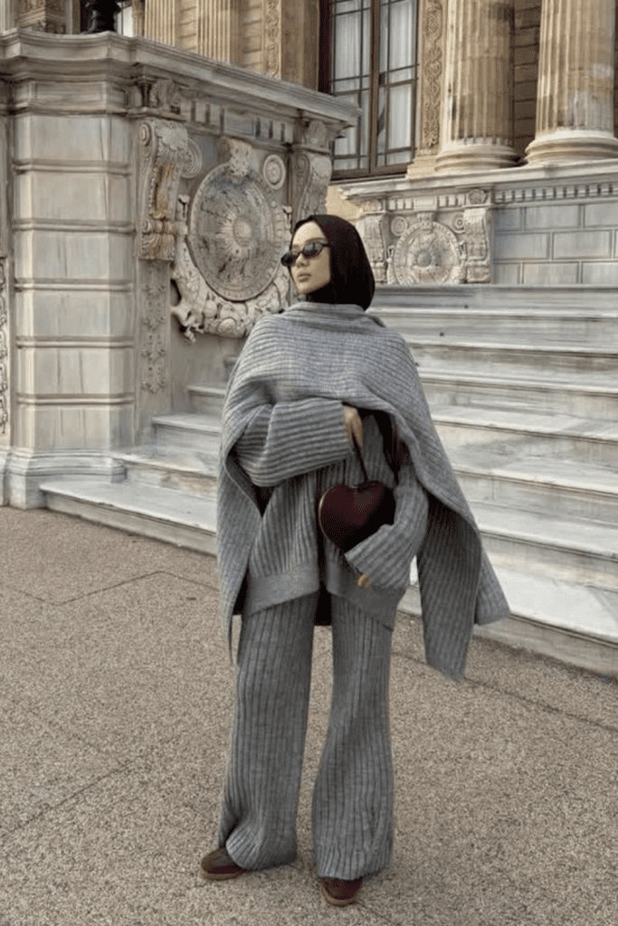 Modest fashion outfit featuring a grey ribbed matching set and cape layered for a cozy Pinterest fall look
