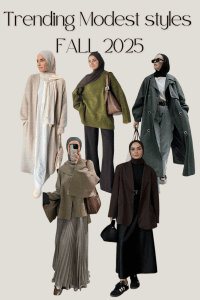 Collage of trending modest outfit styles for Fall 2025 featuring hijabi women wearing trench coats, oversized knits, pleated skirts, wide-leg pants, and structured blazers in neutral and earthy tones like olive, beige, and brown.