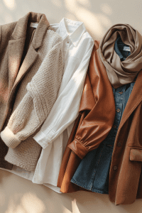 Flatlay of trending fall 2025 texture pairings in modest fashion, featuring a wool blazer layered with a chunky knit sweater, crisp white cotton shirt, faux leather sleeve, satin hijab, denim shirt, and corduroy jacket in warm neutral tones like beige, cream, caramel, and mocha.