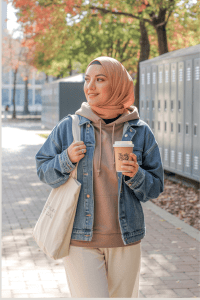 Hijabi student wearing a beige hoodie layered under a denim jacket with cream joggers, peach-toned hijab, and canvas tote bag. Holding coffee, walking through a campus area with lockers and autumn trees. Cozy fall hijab outfit for school.