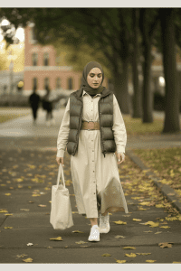 Muslim woman walking through a fall campus scene in a button-down cream shirt dress with a belted waist, styled under a padded olive green puffer vest. Finished with white sneakers, canvas tote, and olive hijab. Ideal modest outfit for back-to-school.

